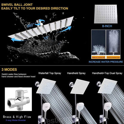 juno 8 inch high pressure Dual rain  Shower Head Combo Square Stainless Steel