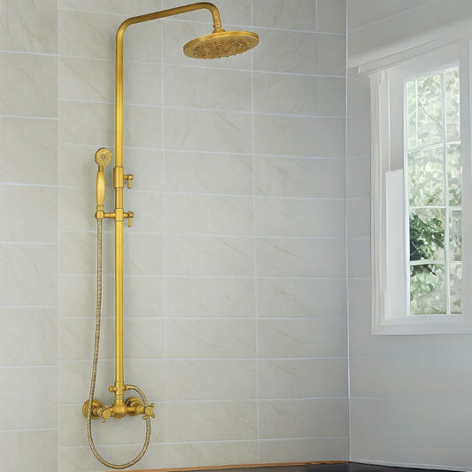 Juno Antique Brass Rainfall Exposed Wall Mount Shower Set