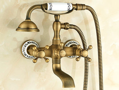 Juno Antique Brass Wall Mount Clawfoot Bathtub Faucet + Hand Shower
