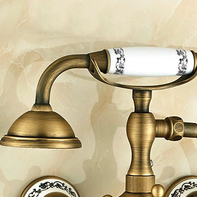 Juno Antique Brass Wall Mount Clawfoot Bathtub Faucet + Hand Shower