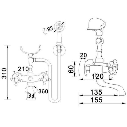 Juno Antique Brass Wall Mount Clawfoot Bathtub Faucet + Hand Shower