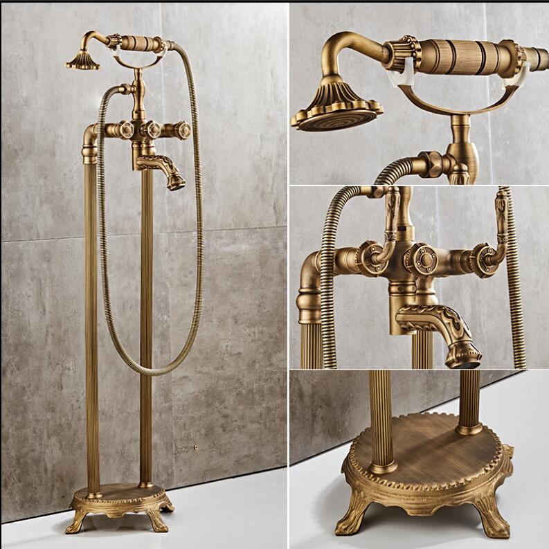 Juno Antique Brass Outdoor Floor Standing Faucet with Handheld Shower