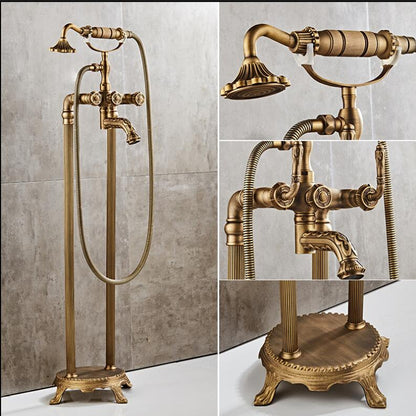Juno Antique Brass Outdoor Floor Standing Faucet with Handheld Shower