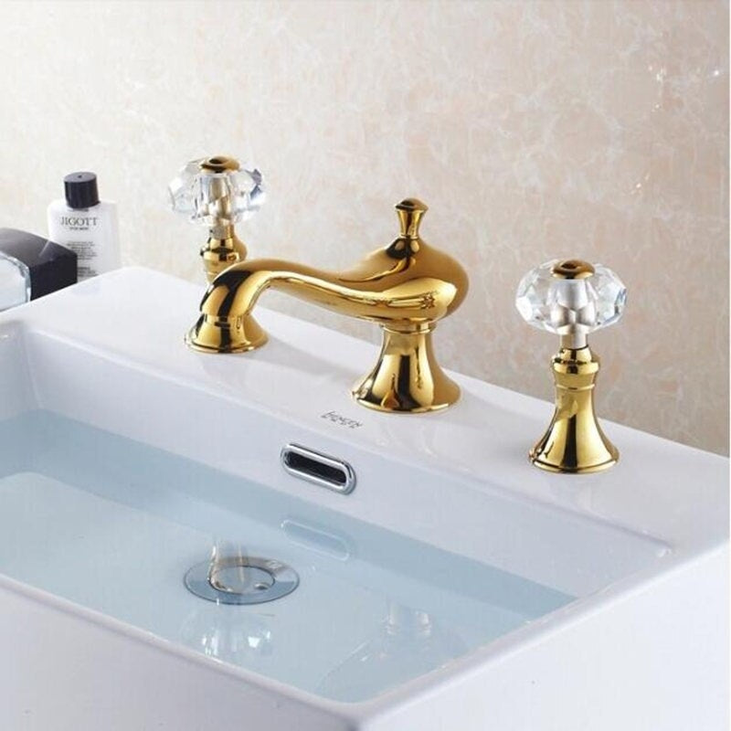 Juno Beautiful Golden Deck Mounted Crystal Handle Bathroom Mixer Faucet