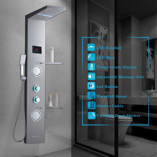Juno Best Shower Tower Gray LED Light with Body Jet Massage Shower Tower