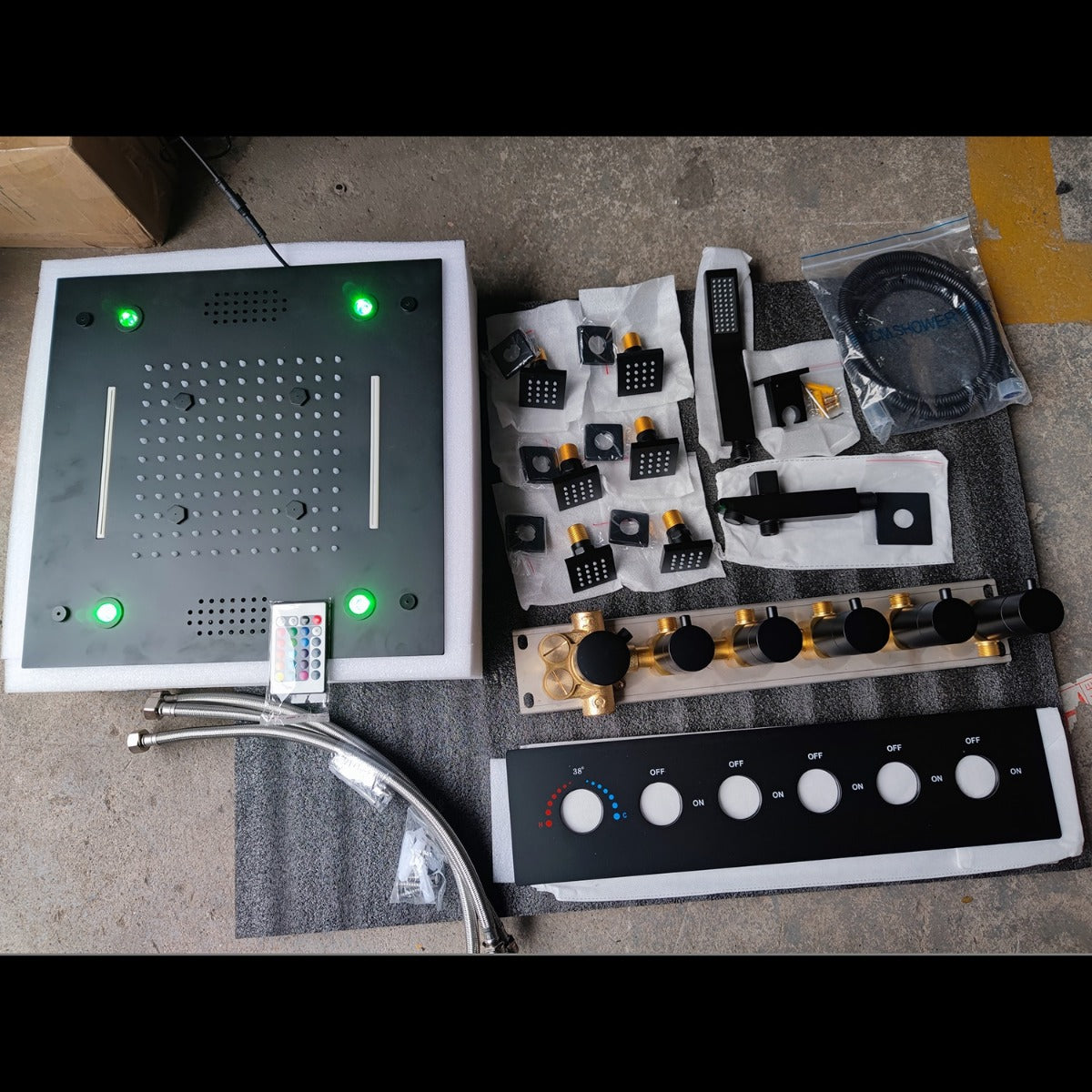 Juno Luxury LED Black Rain Shower Head 16 Inch Musical Ceiling Mount with Body Jets