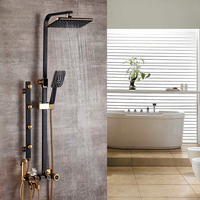 Juno Black & Gold  Rainfall Shower Head Wall Mount Modern Bidet Shower Shelf