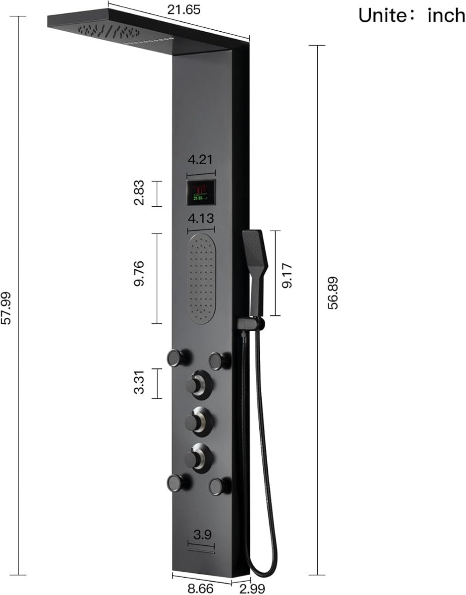 Juno Black Shower Tower Black LED Light Shower Tower with Body Jet Massage Shower Tower