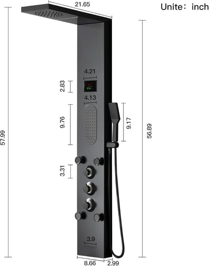 Juno Black Shower Tower Black LED Light Shower Tower with Body Jet Massage Shower Tower