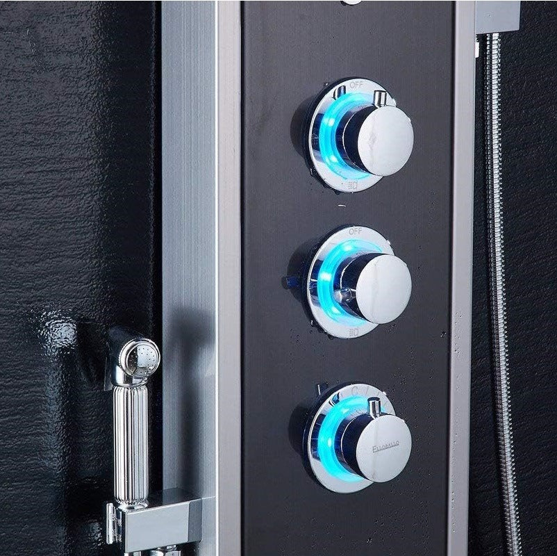 Juno Blue Bathroom LED Shower Panel with Tub Spout and Thermostatic Massage Jets