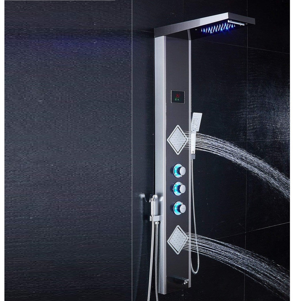 Juno Blue Bathroom LED Shower Panel with Tub Spout and Thermostatic Massage Jets