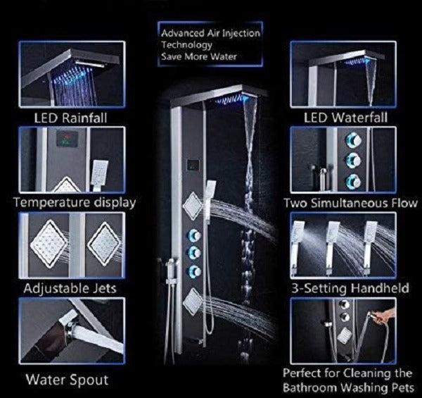 Juno Blue Bathroom LED Shower Panel with Tub Spout and Thermostatic Massage Jets