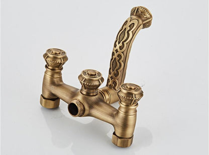 Juno Antique Brass Outdoor Floor Standing Faucet with Handheld Shower