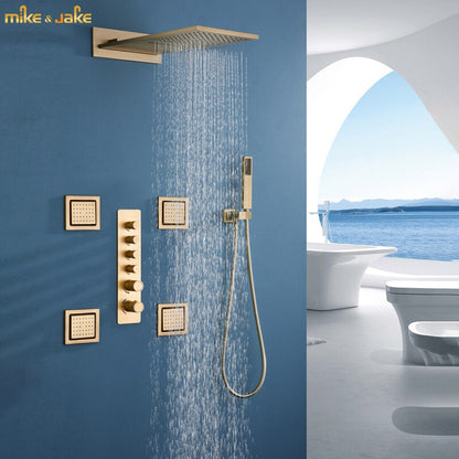 Juno 22 Inch Brushed Gold Finish Wall Mount Rain Shower Head with 6 Knobs Mixer