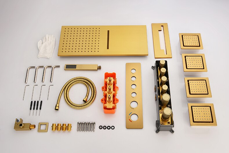 Juno 22 Inch Brushed Gold Finish Wall Mount Rain Shower Head with 6 Knobs Mixer