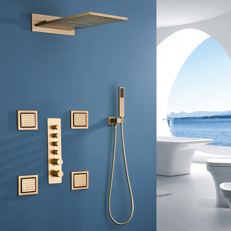 Juno 22 Inch Brushed Gold Finish Wall Mount Rain Shower Head with 6 Knobs Mixer