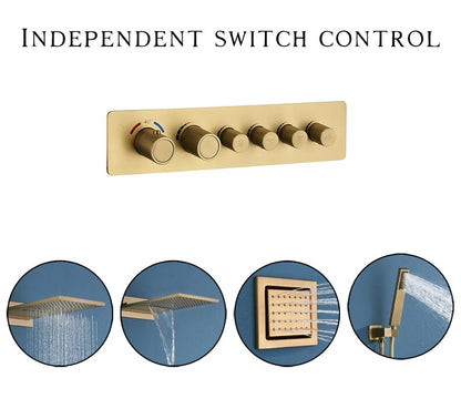 Juno 22 Inch Brushed Gold Finish Wall Mount Rain Shower Head with 6 Knobs Mixer