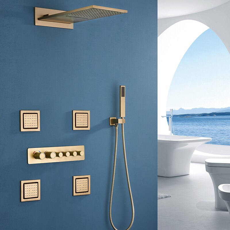 Juno 22 Inch Brushed Gold Finish Wall Mount Shower Head with 6 Knobs Mixer