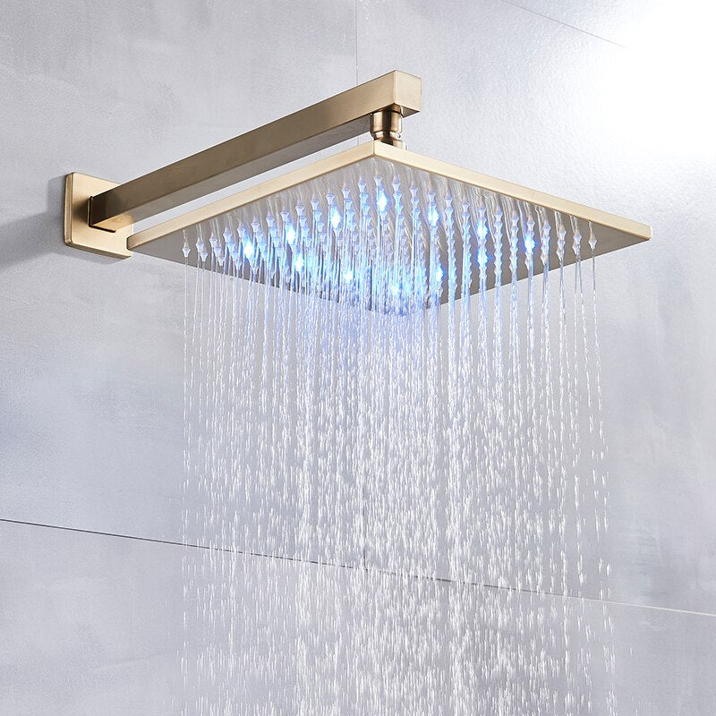 Juno Brushed Gold LED Rain Shower Head Square Thermostatic Shower Mixer