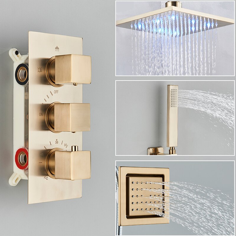 Juno Brushed Gold LED Rain Shower Head Square Thermostatic Shower Mixer