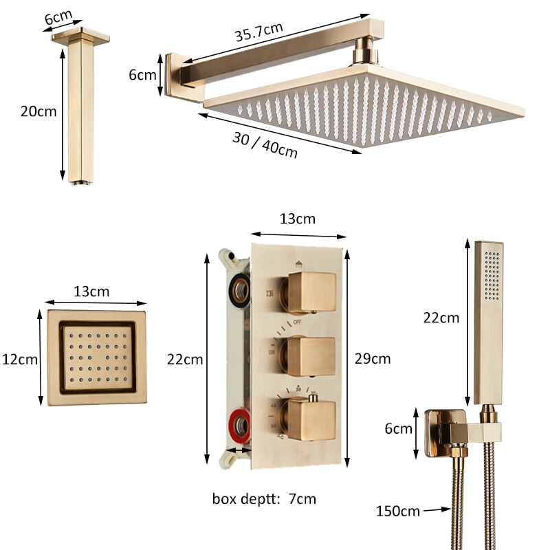 Juno Brushed Gold LED Rain Shower Head Square Thermostatic Shower Mixer