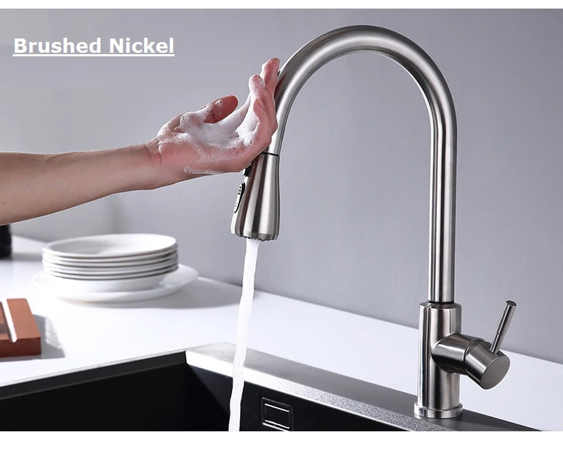 Juno Brushed Nickel & Black Touch Control Kitchen Faucet