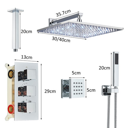 New Juno Chrome Finish LED Square Rain Shower Head 6 Body Jets