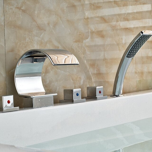 Juno Chrome Polished Waterfall Roman Tub Faucets With Handheld Shower