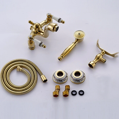 Juno Claw Foot Dual Handle Gold Finish Bathtub Mixer Faucet with Hand Shower
