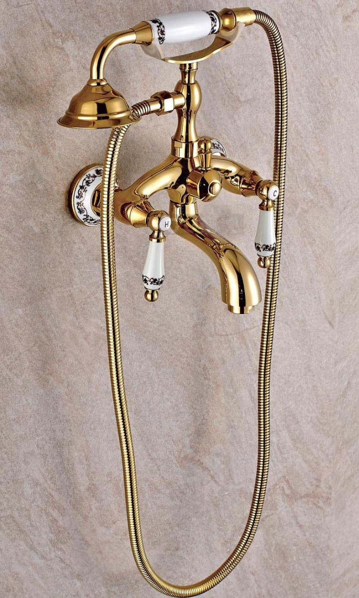 Juno Claw Foot Dual Handle Gold Finish Bathtub Mixer Faucet with Hand Shower