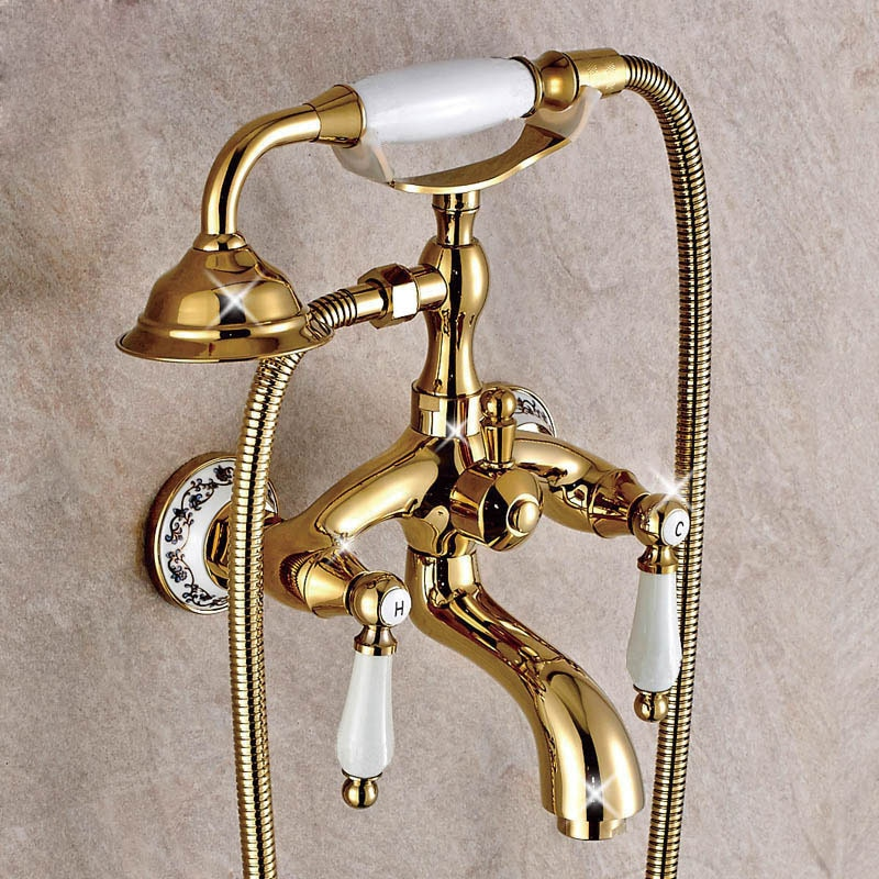 Juno Claw Foot Dual Handle Gold Finish Bathtub Mixer Faucet with Hand Shower