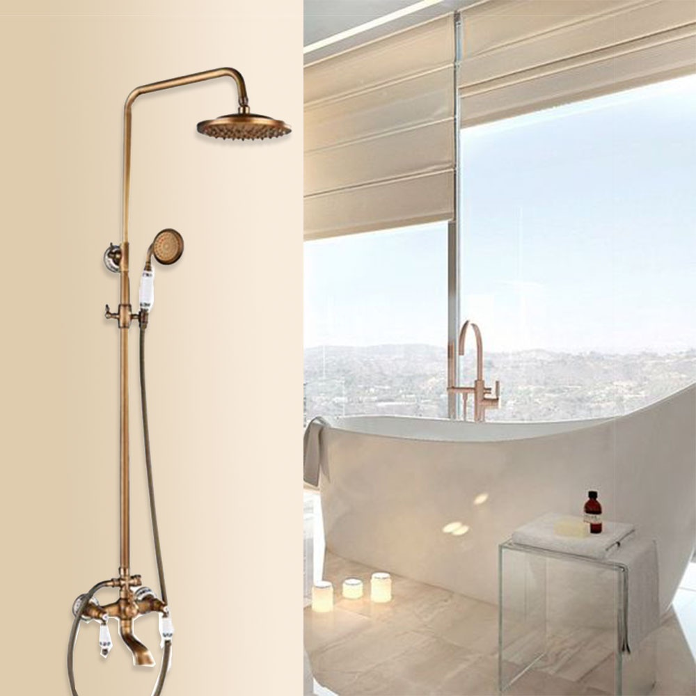 Combo Polished Brass Dual Shower Head With Hand Held Bathtub Shower Set and Shower Shelf