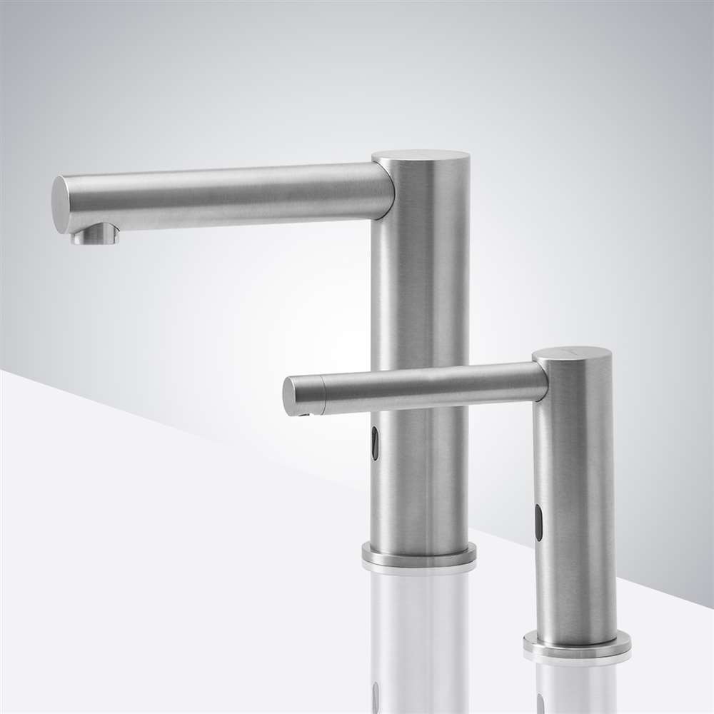 Juno Commercial Brushed Nickel Finish Deck Mounted Commercial Bathroom Touchless Faucet With Soap Dispenser