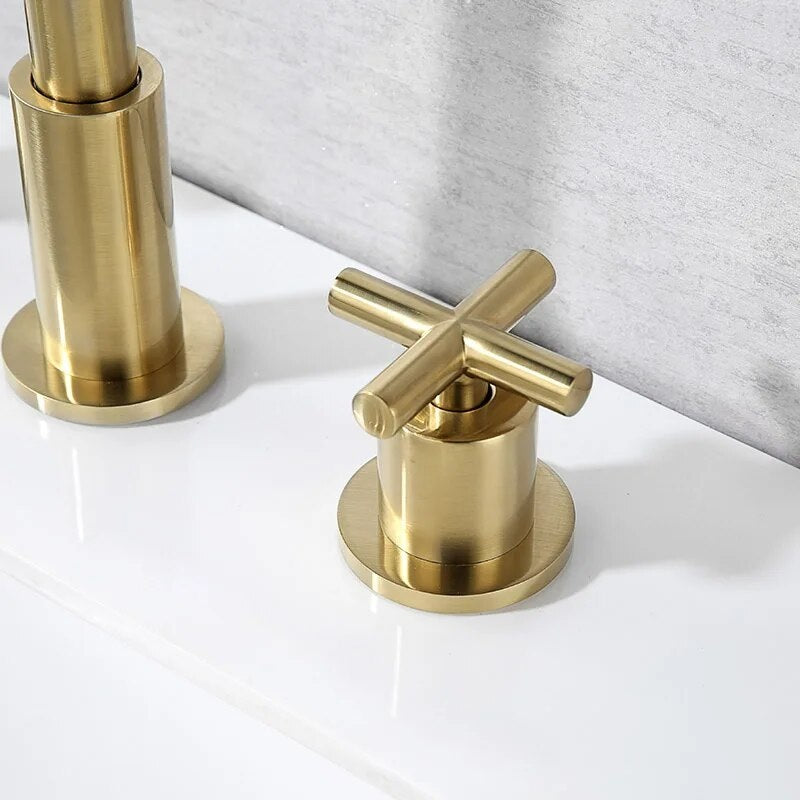 Juno Commercial Brushed Gold Finish Deck Mounted Dual Handle Bathroom Faucet
