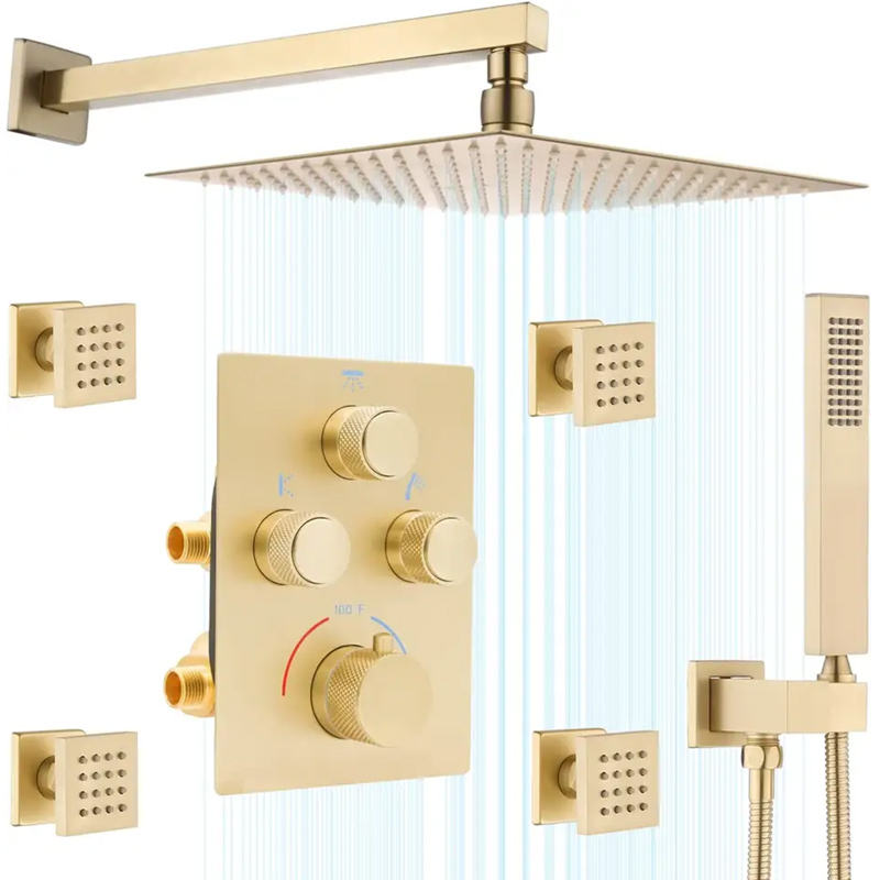 Juno Commercial Brushed Gold Single Handle Wall Mounted Shower System