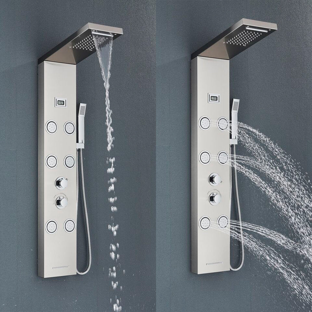 Juno Commercial Brushed Nickel Wall Mounted Dual Handle 5 Function Shower Panel