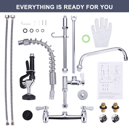 Juno 8 Inch Center Splash Mount Pre Rinse Faucet Chrome - Dual Handle Deck Mounted Kitchen Sink Faucet