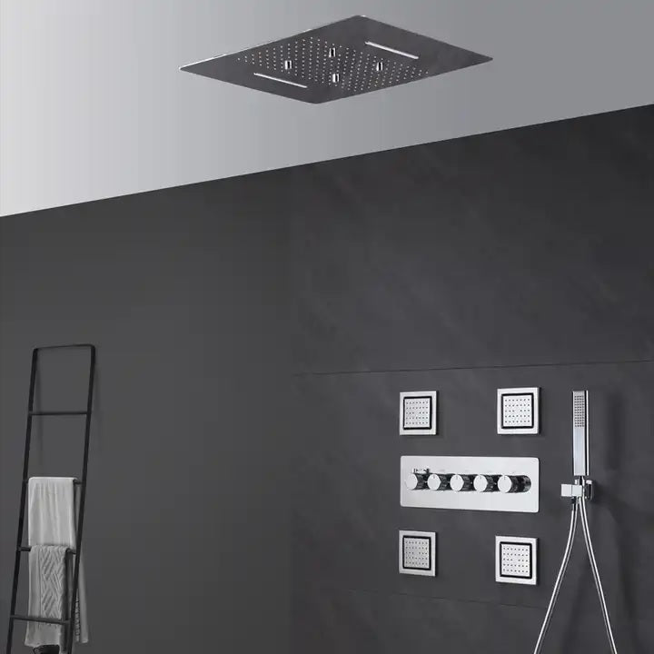 Juno Commercial Chrome Finish Ceiling Mounted Five Handle Bathroom Shower Set With Body Jets
