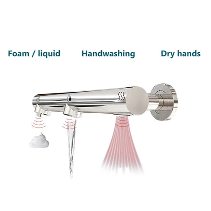 Juno Commercial Chrome Finish Wall Mounted Touchless Bathroom Faucet With Soap Dispenser and Hand Dryer