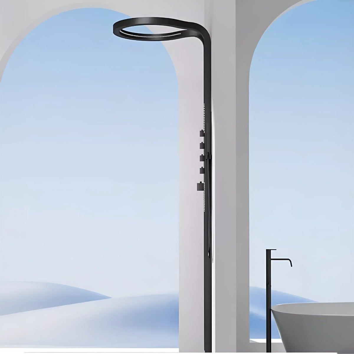 Juno Commercial Chrome-Black-Brushed Nickel and Gold Finish Waterfall Outdoor Shower Panel