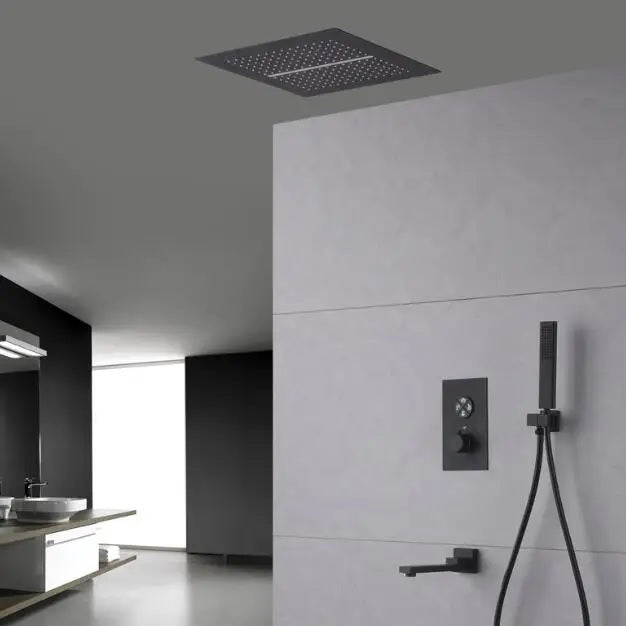 Juno Commercial Matte Black Ceiling Mounted Single Handle Bathroom Rainfall Shower Set