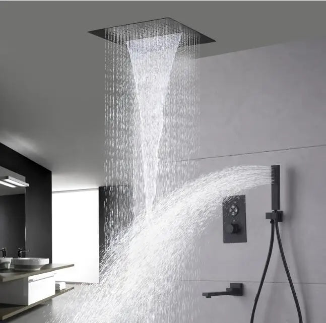 Juno Commercial Matte Black Ceiling Mounted Single Handle Bathroom Rainfall Shower Set