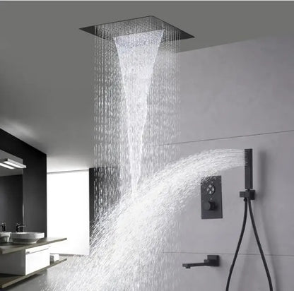 Juno Commercial Matte Black Ceiling Mounted Single Handle Bathroom Rainfall Shower Set