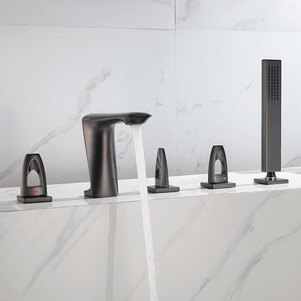 Juno Commercial Matte Black Deck Mounted 5 pcs Bathtub Faucet
