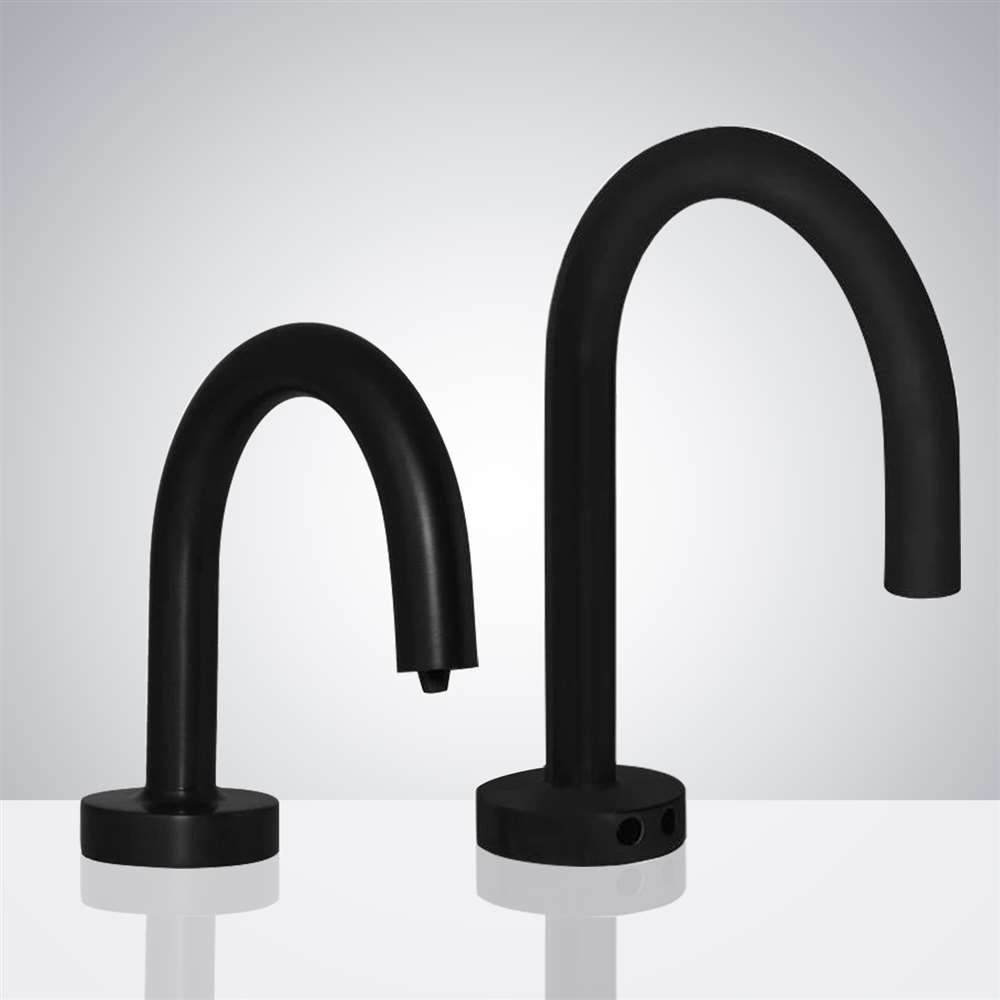 Juno Commercial Matte Black Finish Deck Mounted Touchless Bathroom Faucet With Soap Dispenser
