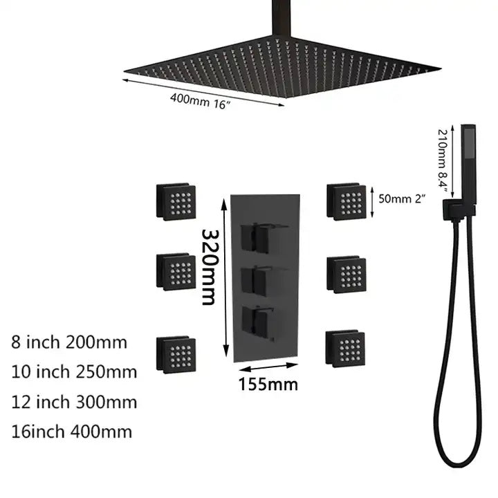 Juno Commercial Matte Black Wall Mounted Square LED Shower Set With Six Body Jets