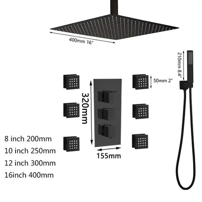 Juno Commercial Matte Black Wall Mounted Square LED Shower Set With Six Body Jets