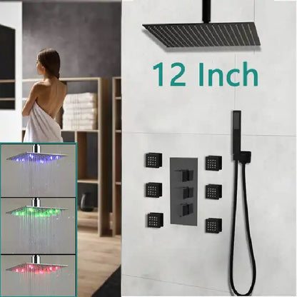 Juno Commercial Matte Black Wall Mounted Square LED Shower Set With Six Body Jets