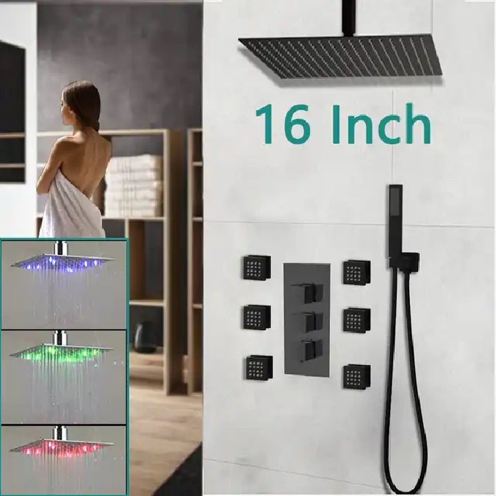 Juno Commercial Matte Black Wall Mounted Square LED Shower Set With Six Body Jets