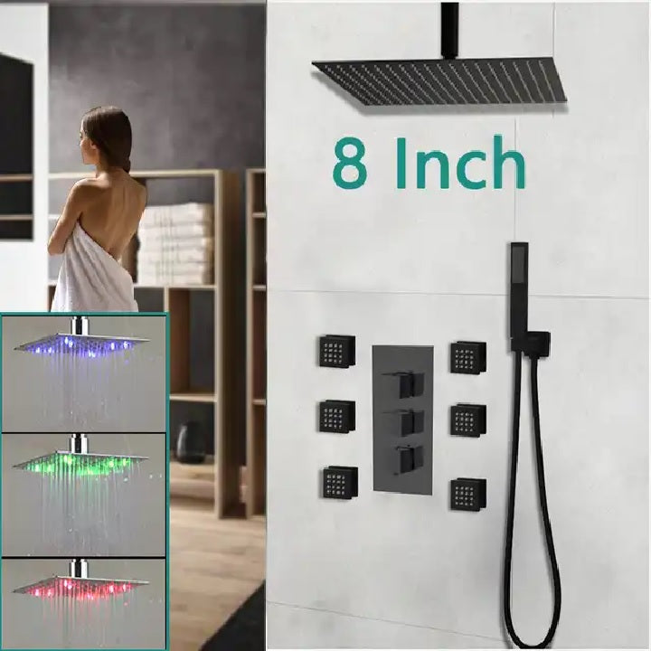 Juno Commercial Matte Black Wall Mounted Square LED Shower Set With Six Body Jets